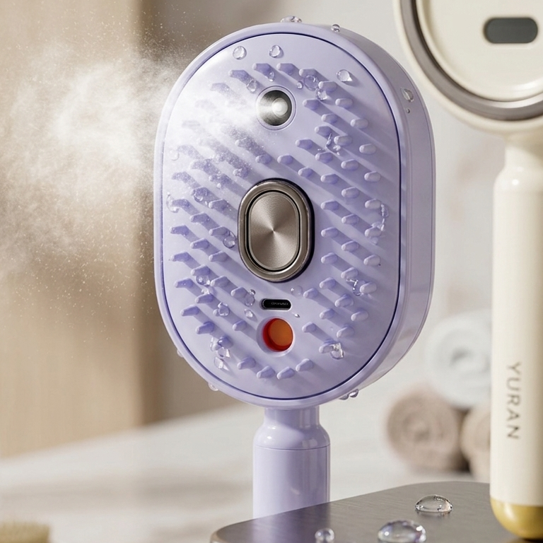 Detalle del cabezal del cepillo AuraMist con gotas de vapor y cerdas de silicona