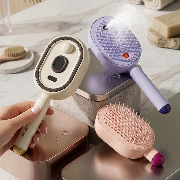 Cepillo de vapor AuraMist en tres colores disponibles: crema, lavanda y rosa