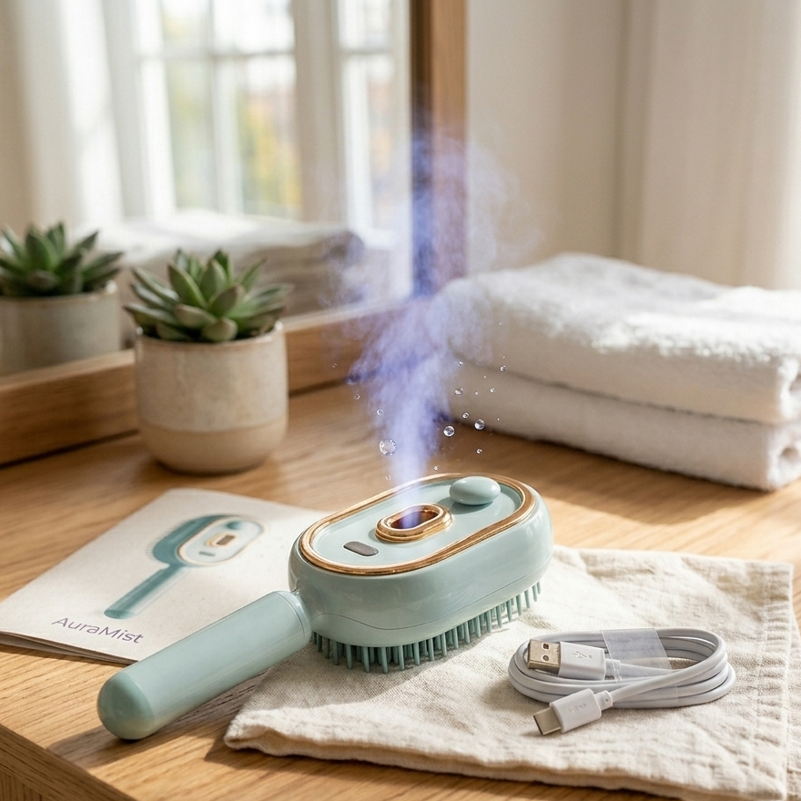 Cepillo de vapor AuraMist inalámbrico con cable de carga en ambiente hogareño
