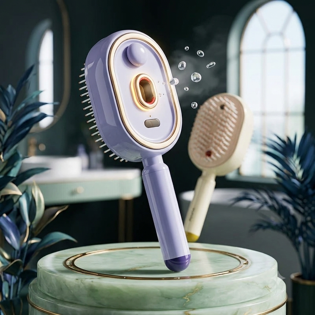 Cepillo de vapor AuraMist color lavanda sobre mármol, presentación elegante