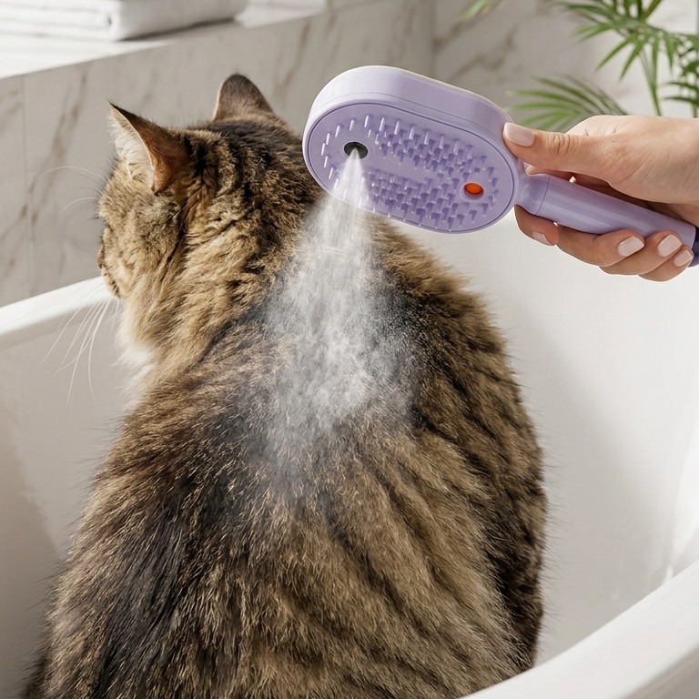 Cepillo de vapor AuraMist usado en gato para desenredar y limpiar el pelaje sin pelo suelto